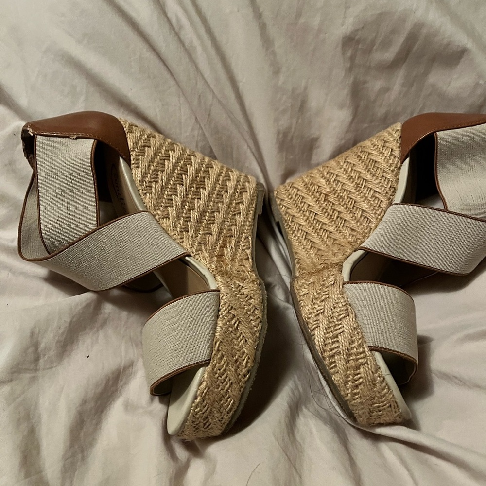 Candie’s Cream and Brown Wedge Sandals - Picture 3 of 7
